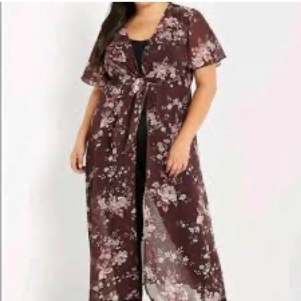 NWT Soprano‎ Sheer Floral Bohemian Long Kimono Swim Coverup Tie Waist Plus 2X